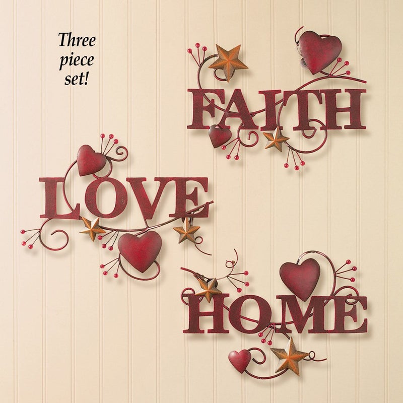 Collections Etc Red Home, Love and Faith Metal Wall Art - Set of 3 - Image 3